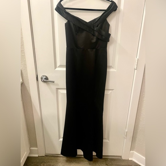 Lulus Off Shoulder Floor Length Black Satin Gown - Picture 1 of 3